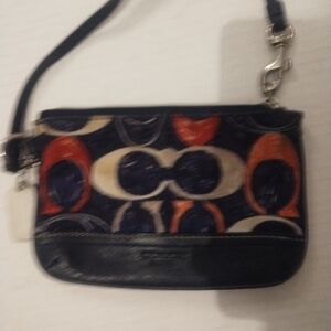 Coach Signature Wristlet Stylish Blue and Red Women's Bag